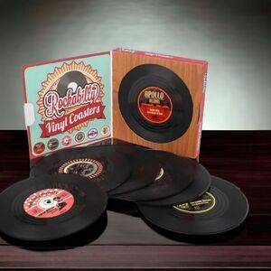 Retro Vinyl Record Drink Coasters Set 6 Rockabilly Mini Album 45 Music Gift New